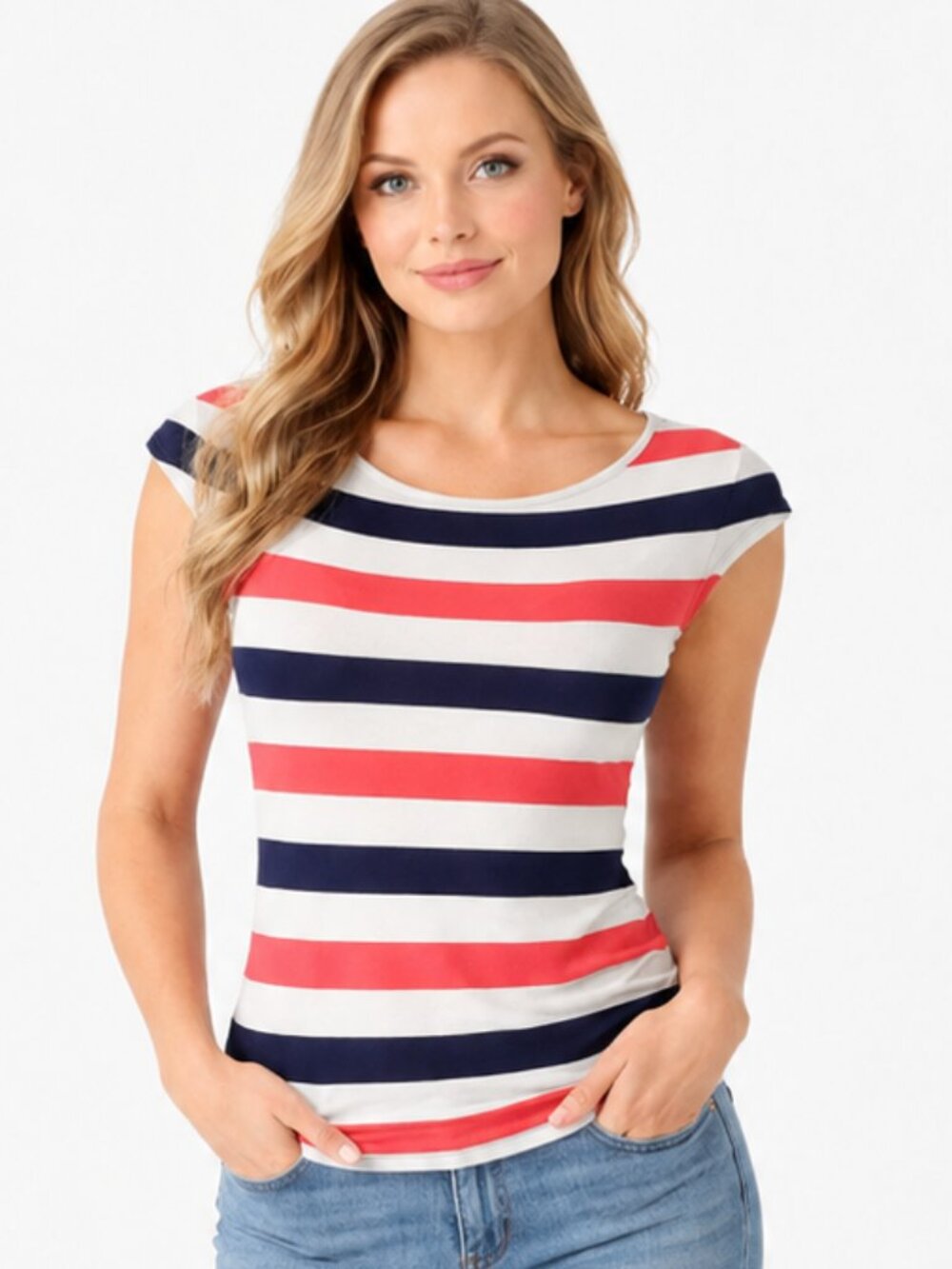 Gap Modern T Slim Fit Coral Navy White Stripe Cap Sleeve Tee XS